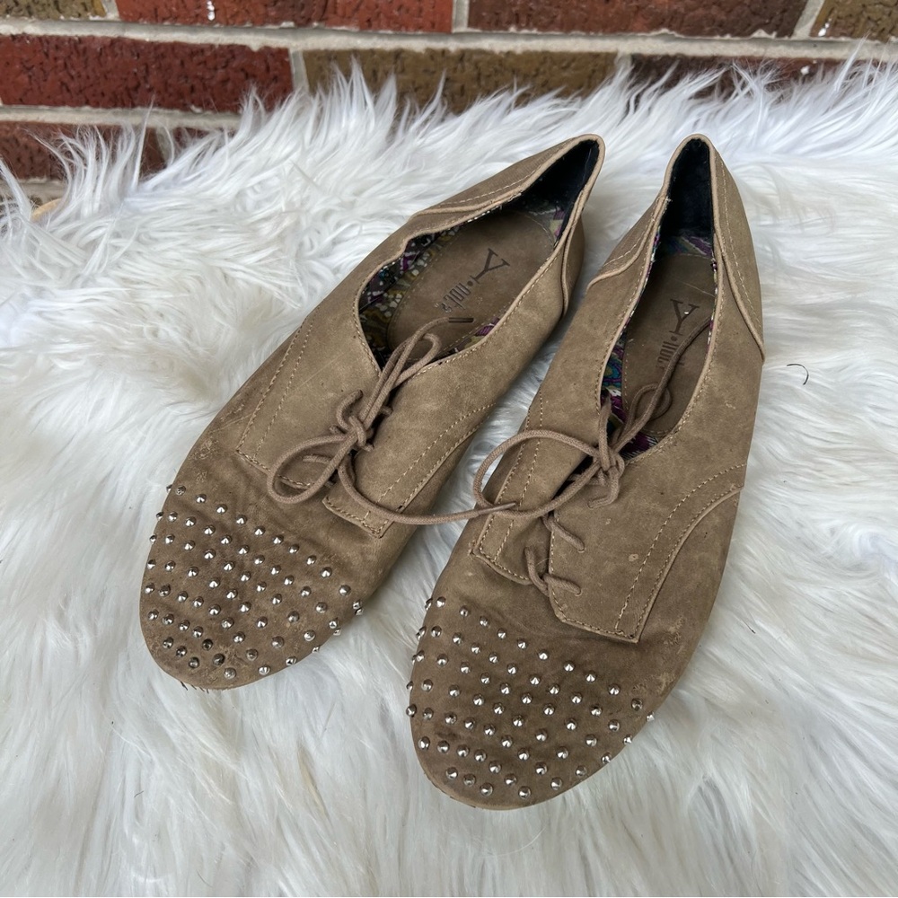 Y not? Tan Faux Silver Studded Lace Up Loafer Shoes
